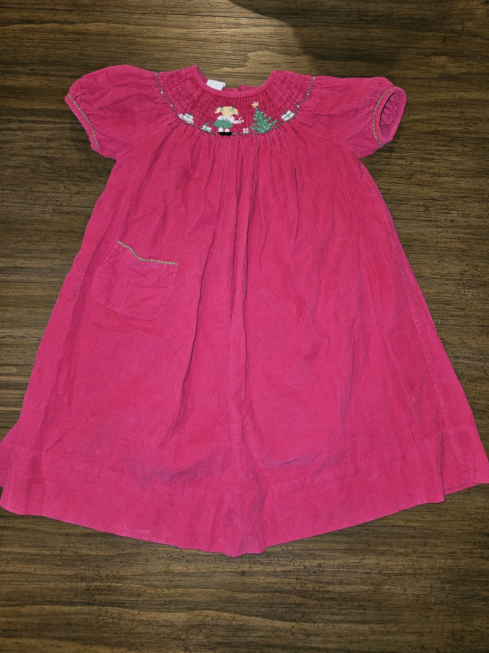 Girls' Hot Pink Smocked Corduroy Dress with Front Pocket